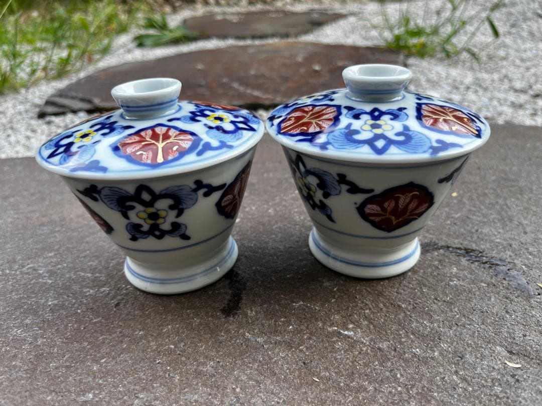 有田焼　茶碗蒸し　手描　絵付　金彩　ペア　2客　アンティーク