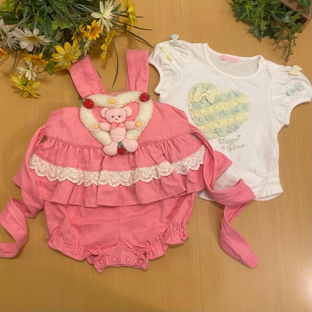 希少　メゾピアノ　ハート立体クマちゃんピンクワンピースロンパース半袖シャツセット