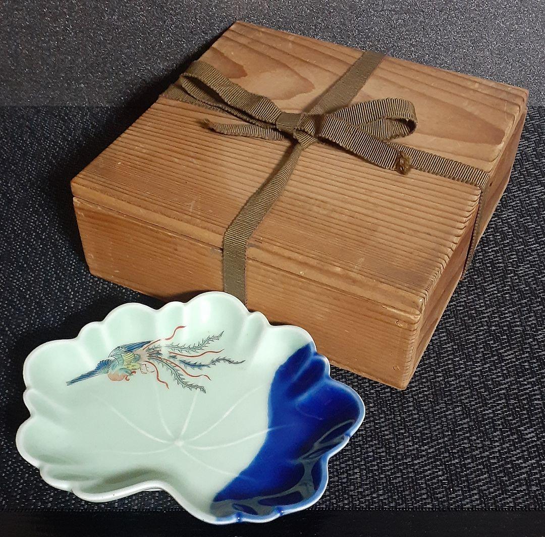 【名品❗️】江戸時代　柿右衛門様式　青磁瑠璃釉　蓮葉形　極細密　鳳凰図　変型皿