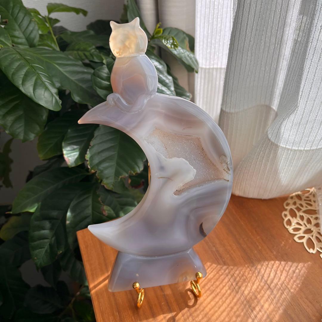 天然石 瑪瑙ジオード 三日月と猫 プレート置物