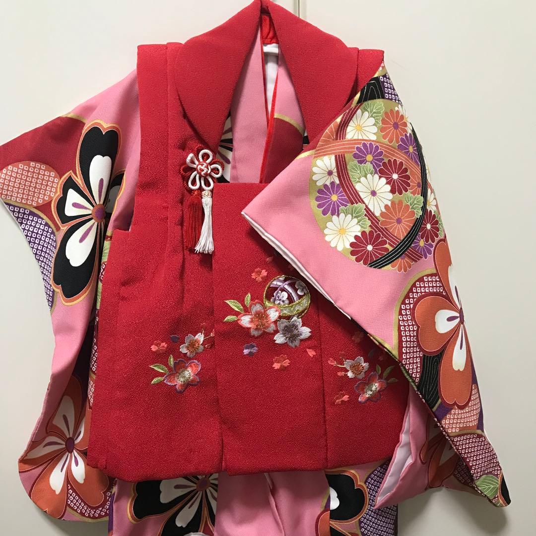 七五三用 赤色とピンク色 花柄 着物 セット