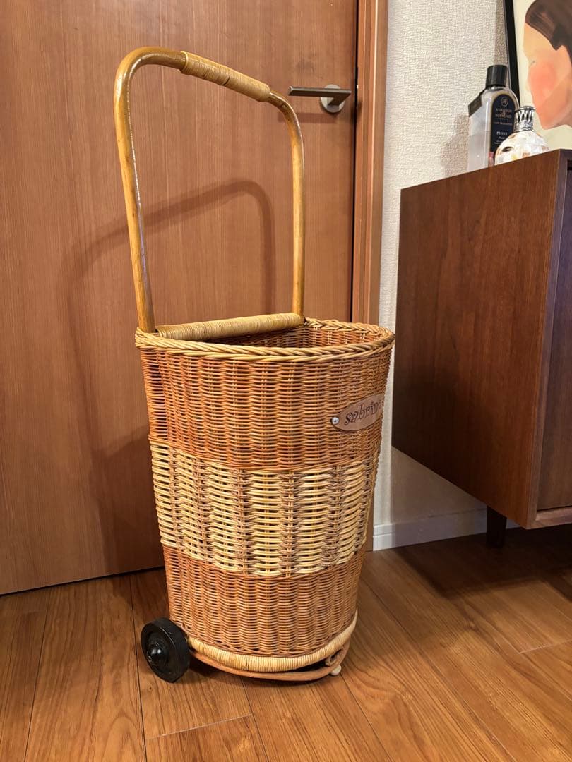 アンティーク ラタン カゴキャリー　ショッピングカート バスケット　籐　収納