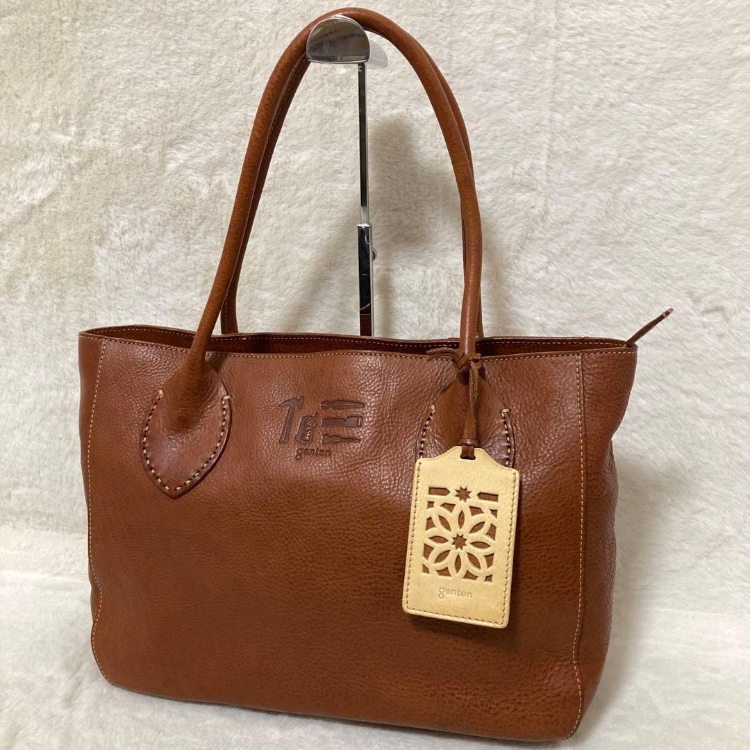 【美品】genten ゲンテン レザートートバッグ ブラウン パスケース付き