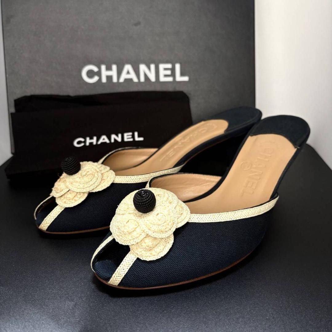 シャネル ミュール パンプス カメリア フラワー ヒール 36.5 23.5cm