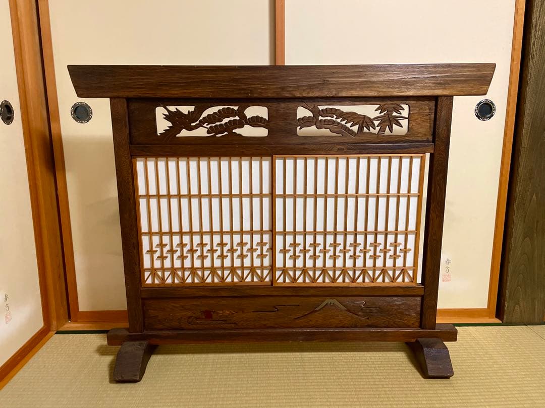 木製 間仕切り 衝立　爛漫 彫刻入り 古家具