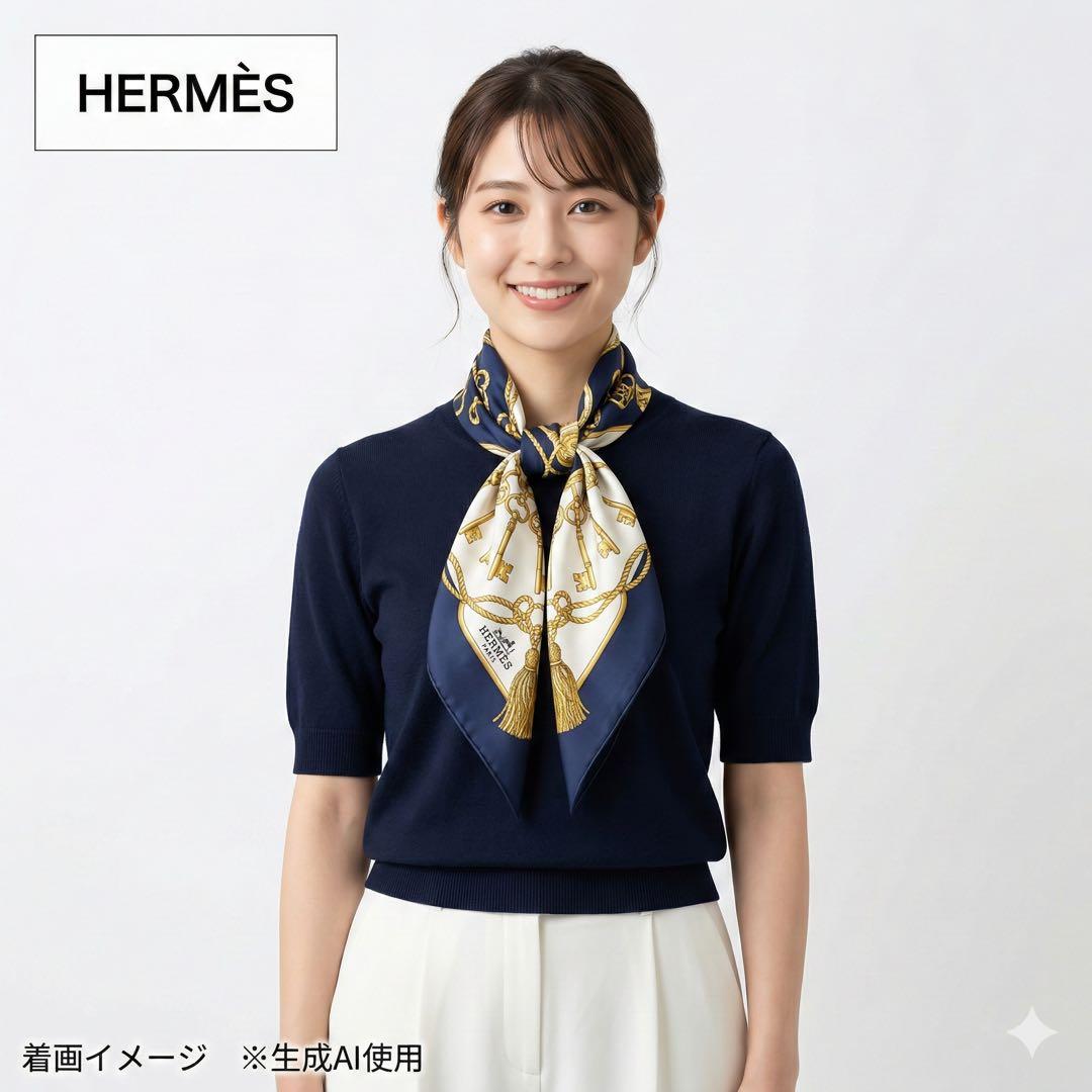 エルメス カレ90 Les Cles 鍵柄 シルク スカーフ ネイビー 金
