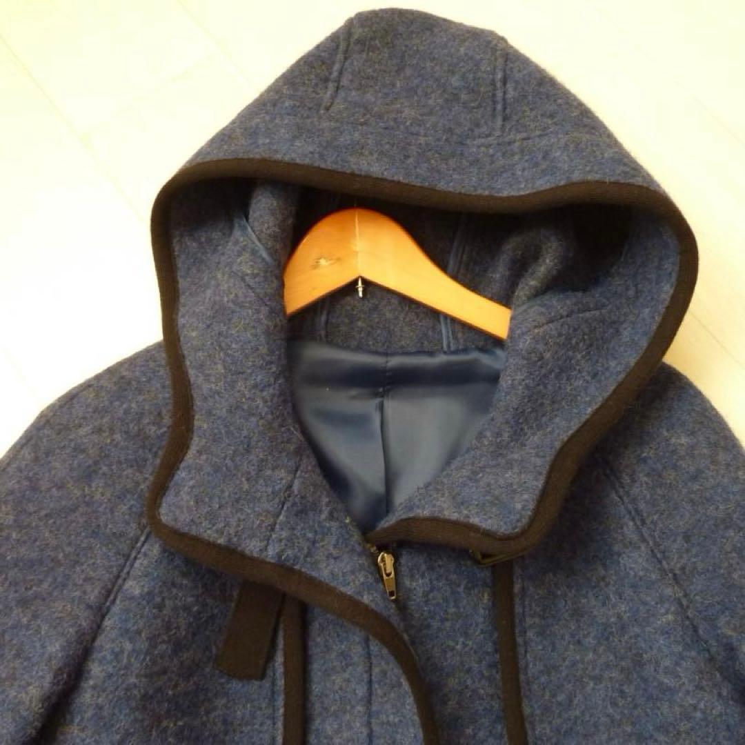 未使用 LORITTI ロング丈 フード付ウールコート M イタリア製 ネイビー