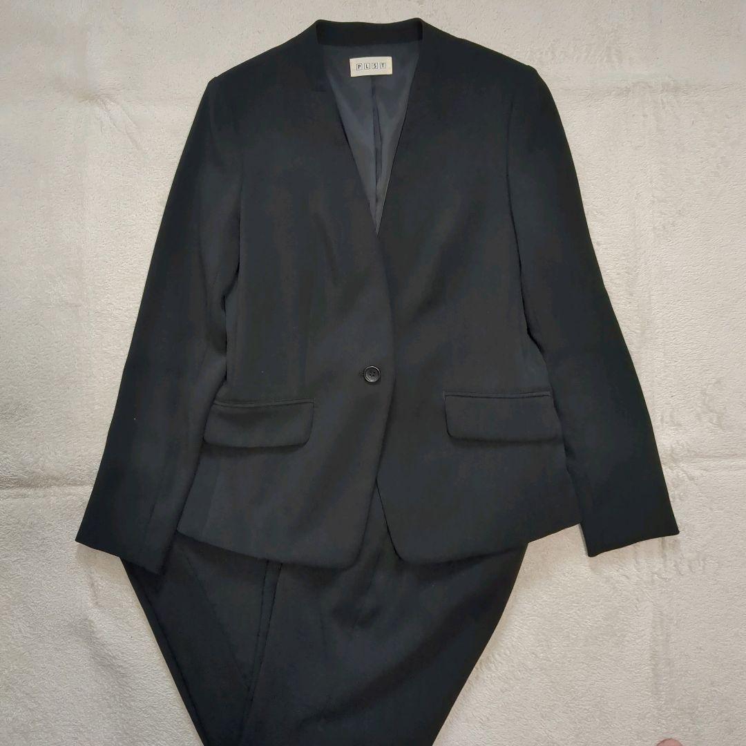 美品 プラステ パンツスーツ セットアップ ノーカラー 洗える ブラック 36