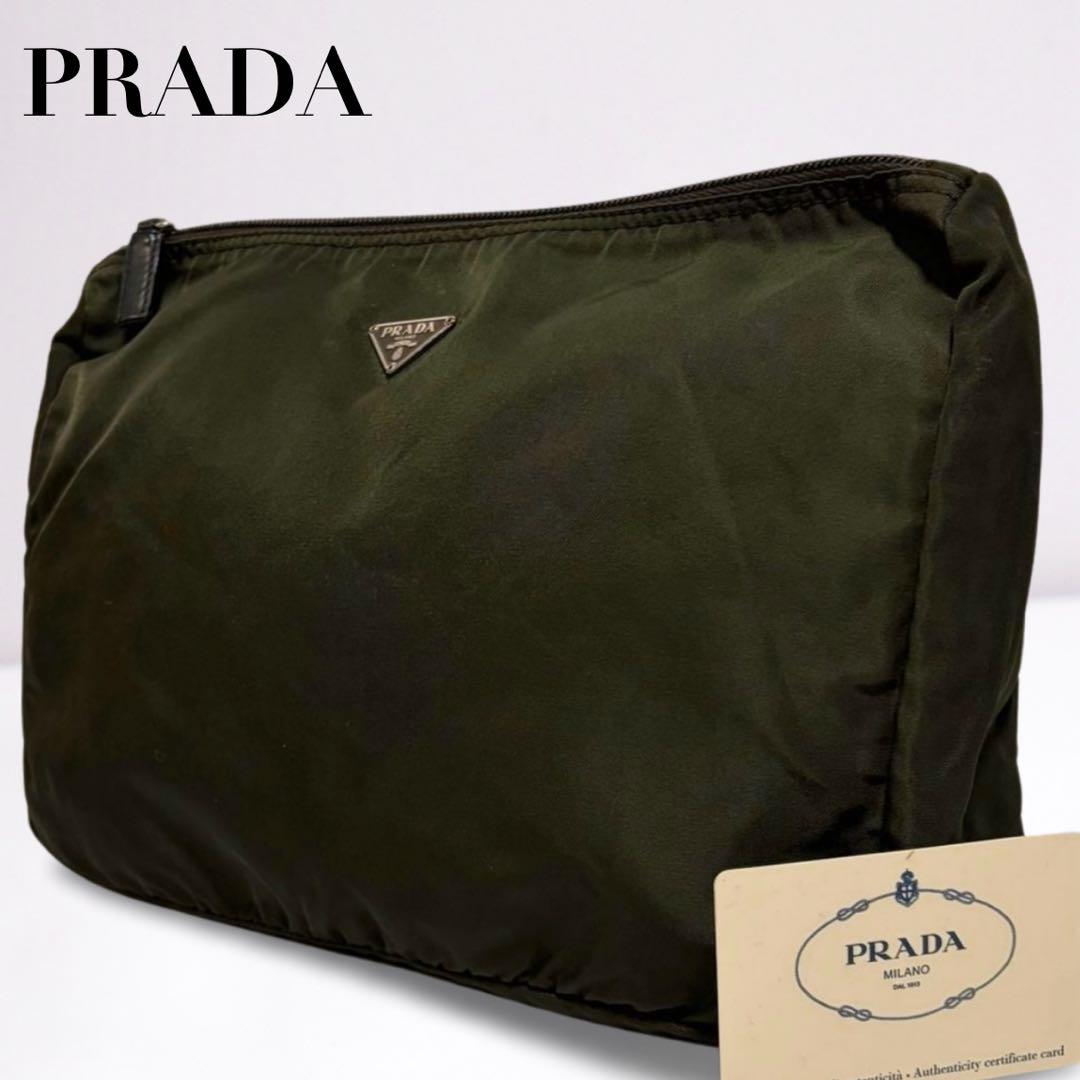 【正規品】プラダ PRADA ナイロン ポーチ カーキ 小物入れ 三角ロゴ