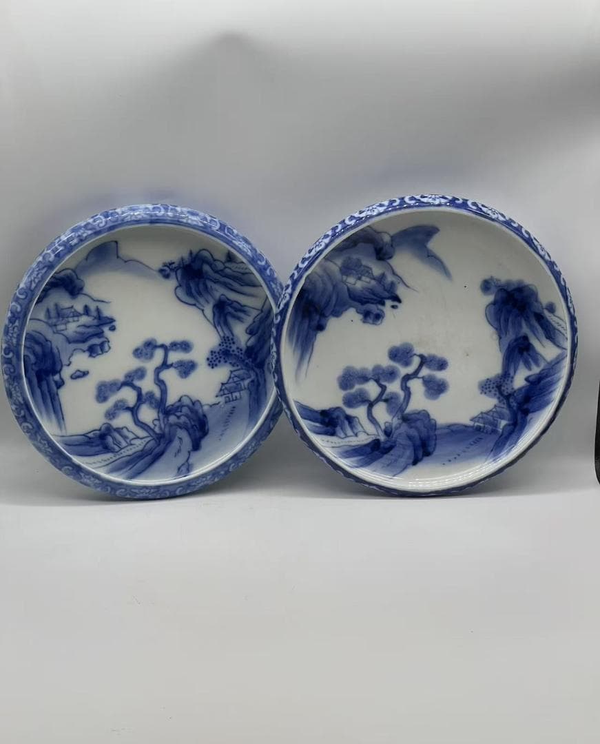 秋田焼　手描き染付山水画盛り鉢(B-47)