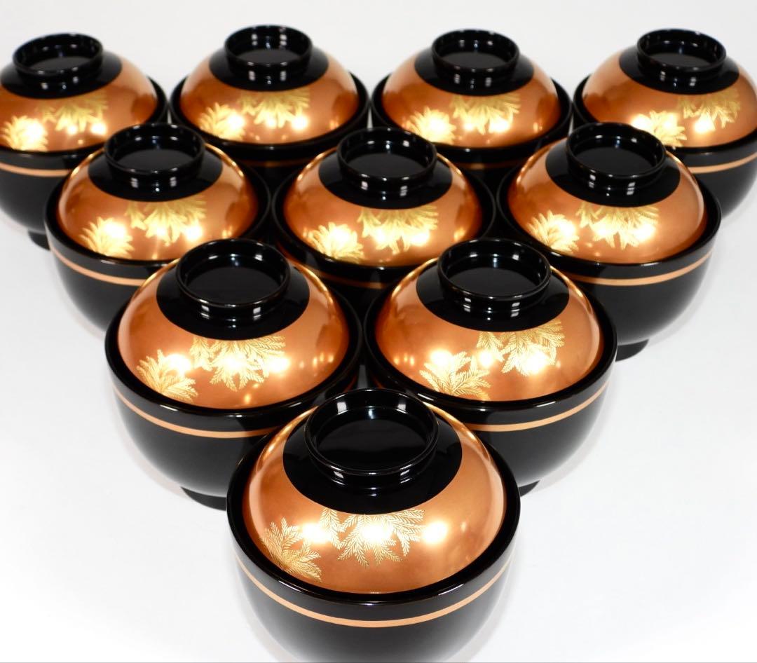 【美品】輪島塗 木製漆器 沈金 蓋椀 吸物椀 汁椀 10客