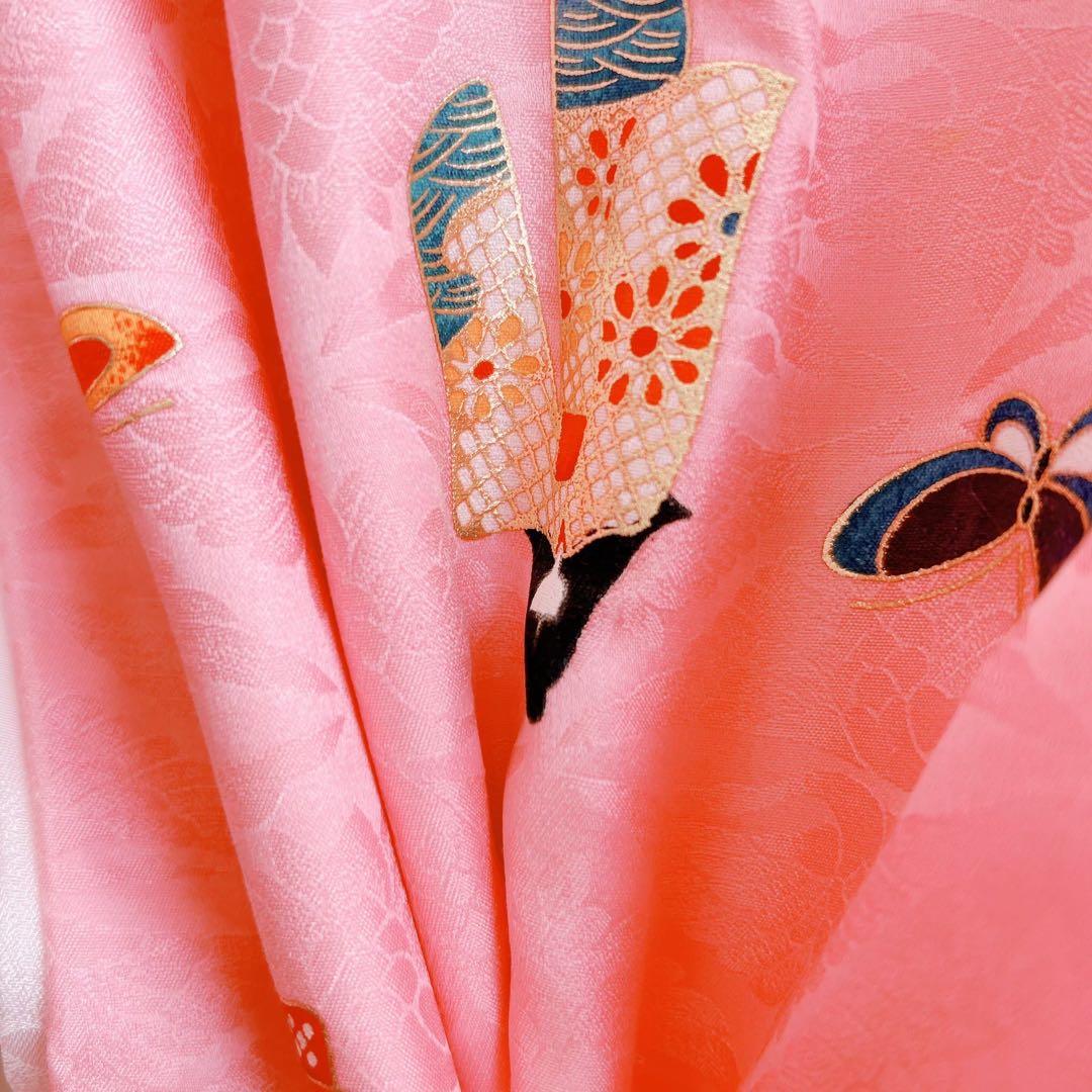 七五三　3歳女の子　長着被布セット　ピンク　巾着　地紋　鶴　金プリント　蝶