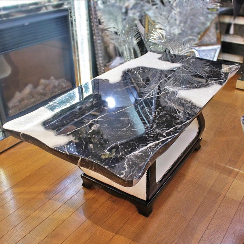 大理石 センターテーブル 白×黒 マーブル 石天板 143-001-001