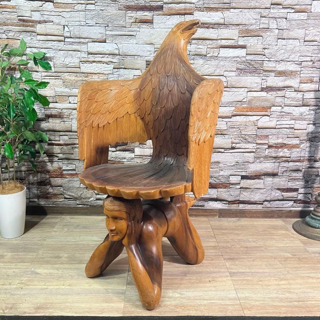 ꧁ヴィンテージ家具꧂ワシと少年の木彫りアームチェア 無垢 アンティーク 椅子