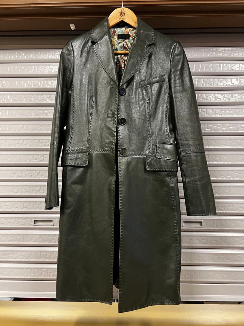 Paul Smith羊革ロングコート(ダークグリーン)裏地 鳥柄size40