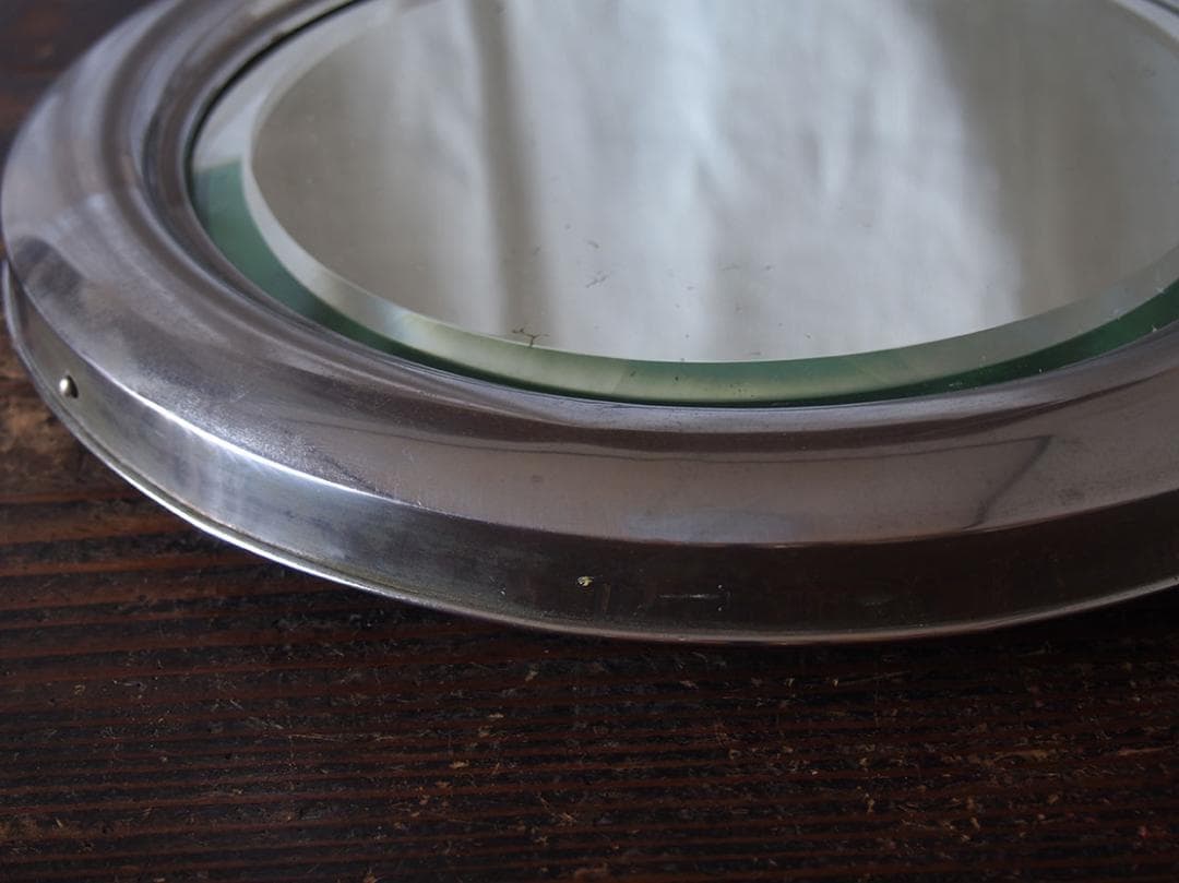 アルミフレーム 古い鏡 アールデコ 直径36.7cm 家具 /K397