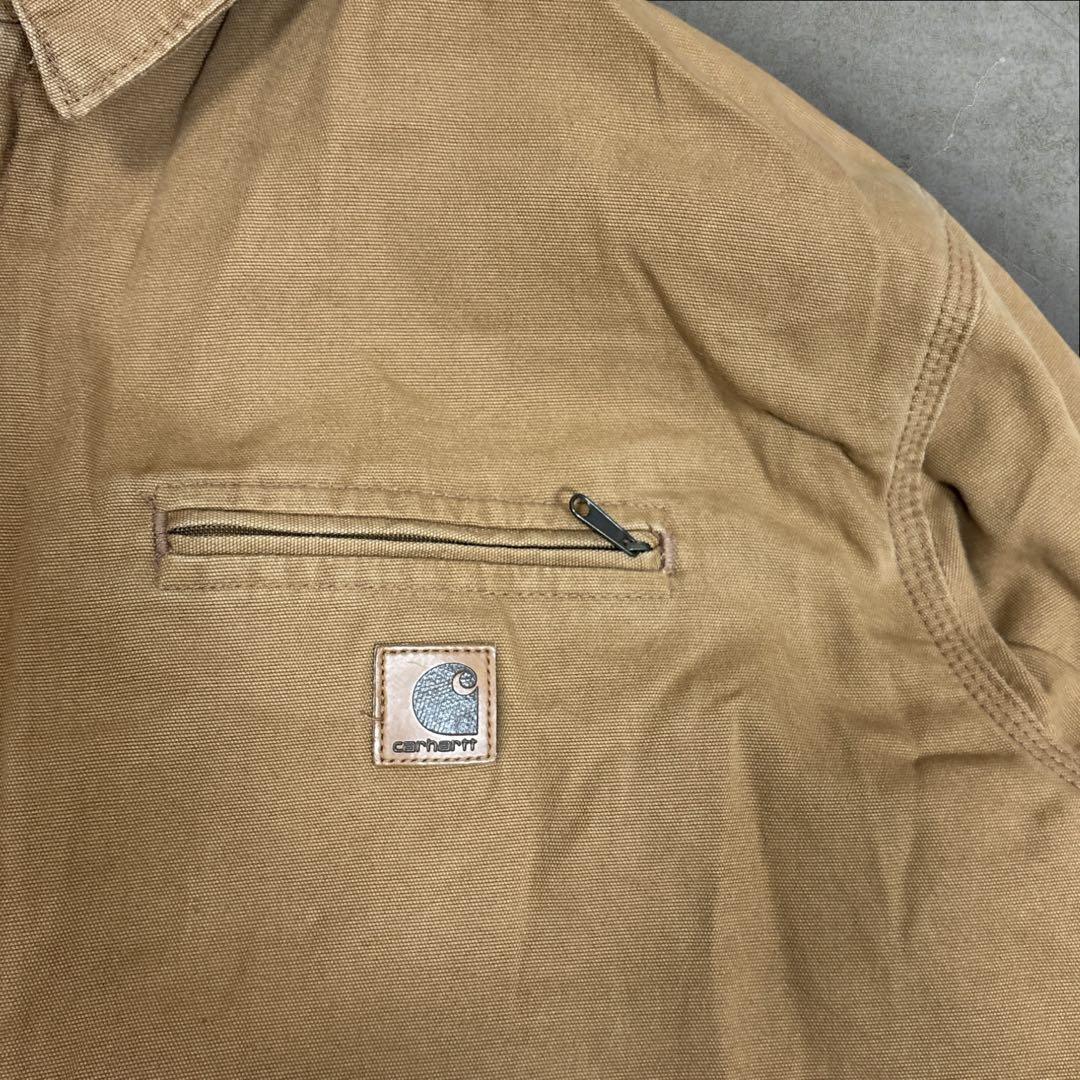 16]メキシコ製カーハート レザーロゴフルジップ ダック地ジャケットブルゾン古着