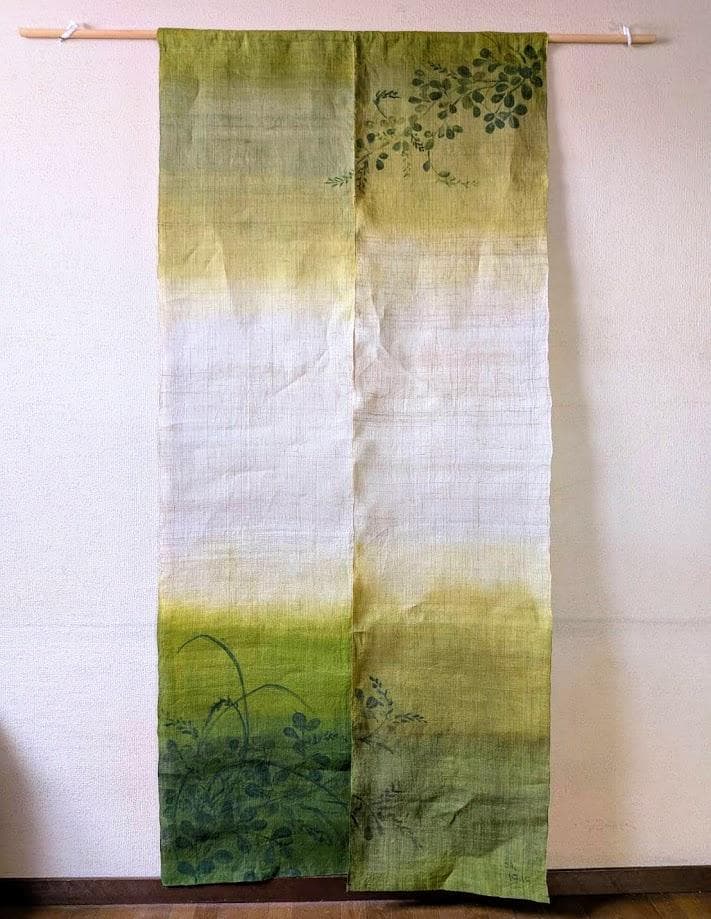 手描き麻暖簾【秋知草】手染め　麻のれん　巾82×178cm　一点物　アンティーク