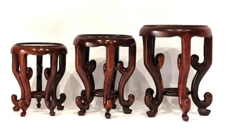 ❤【新品・未使用品含】盆栽卓　3個セット唐木 天然木 円式五足 花台 盆栽台