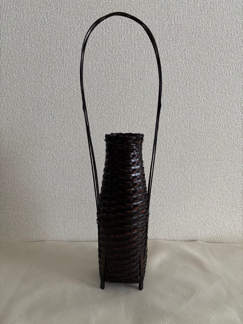【新品】竹編み 手付花籠 高さ46cm（本体28cm）茶道具 華道 花器 漆調