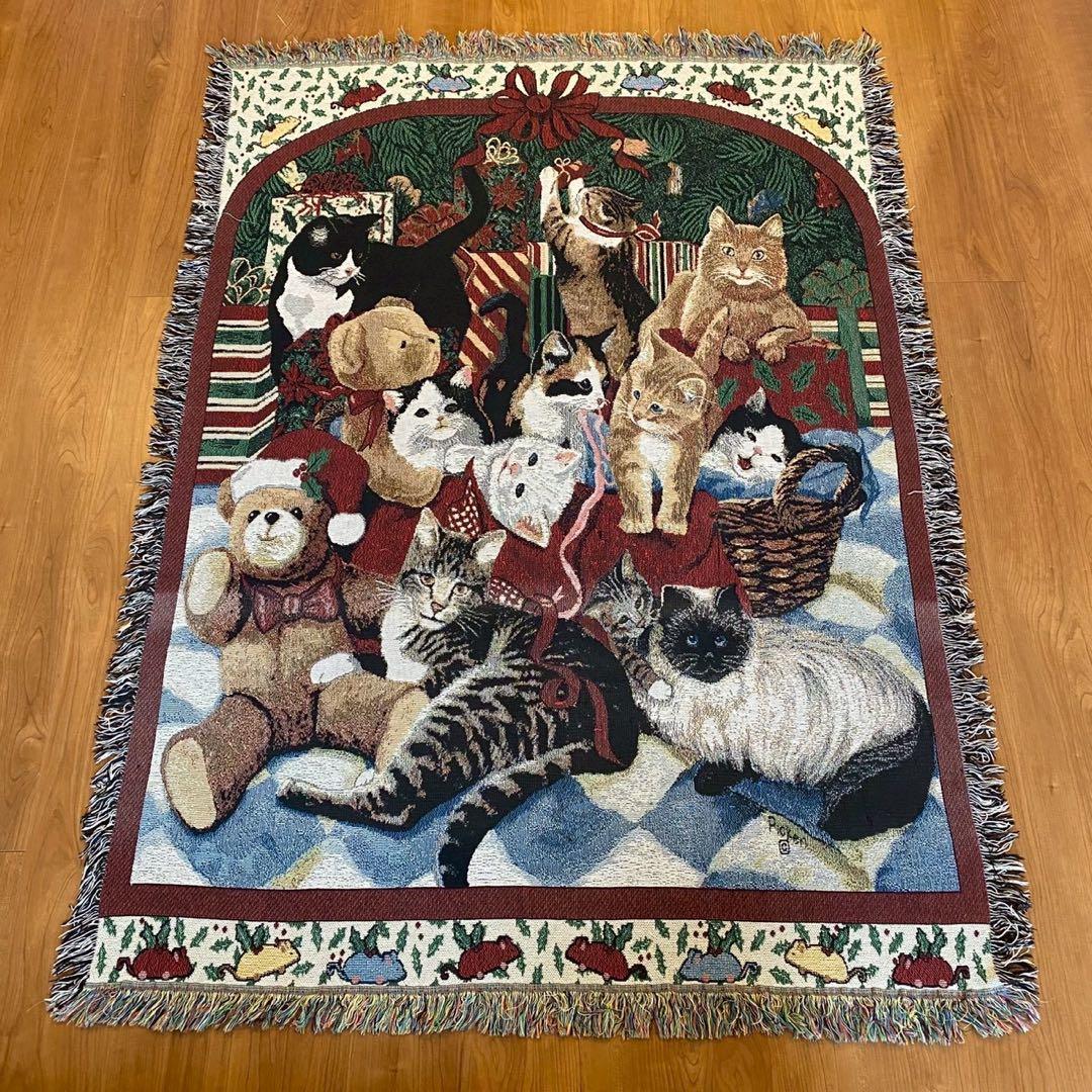 美品　猫柄 ゴブランラグ　ヴィンテージ　大判　タペストリー　162×117