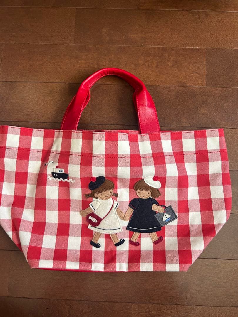 familiar 赤と白のチェック柄トートバッグ