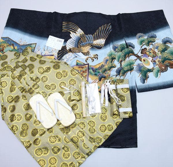 七五三 五歳 男児 羽織袴セット 着物 肩上げ済み 紋袴 袴変更可能