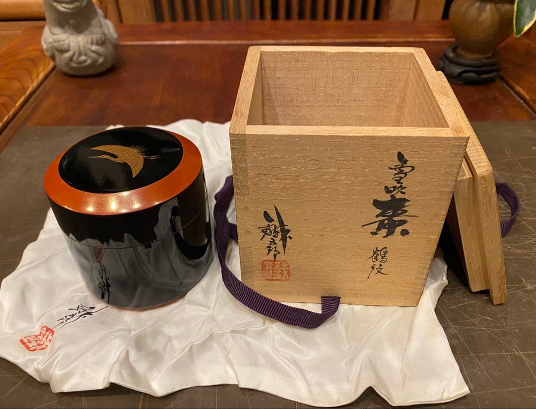 美品　輪島塗　棗　蒔絵・鶴紋　　　　鈴谷鐵五郎作 茶道具・ヴィンテージ