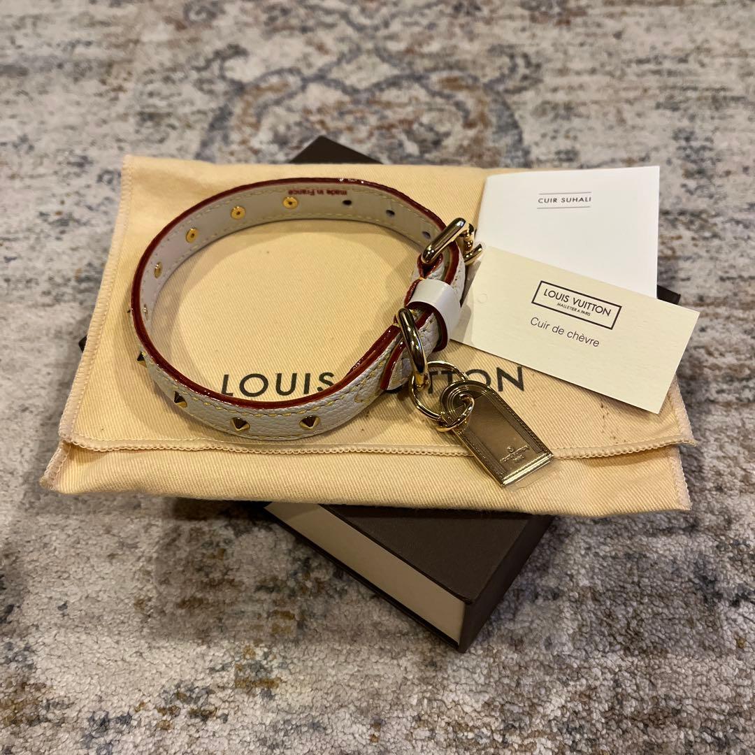 ルイヴィトン スハリ ペット 首輪 スタッズ ホワイト　ゴールド　約33cm