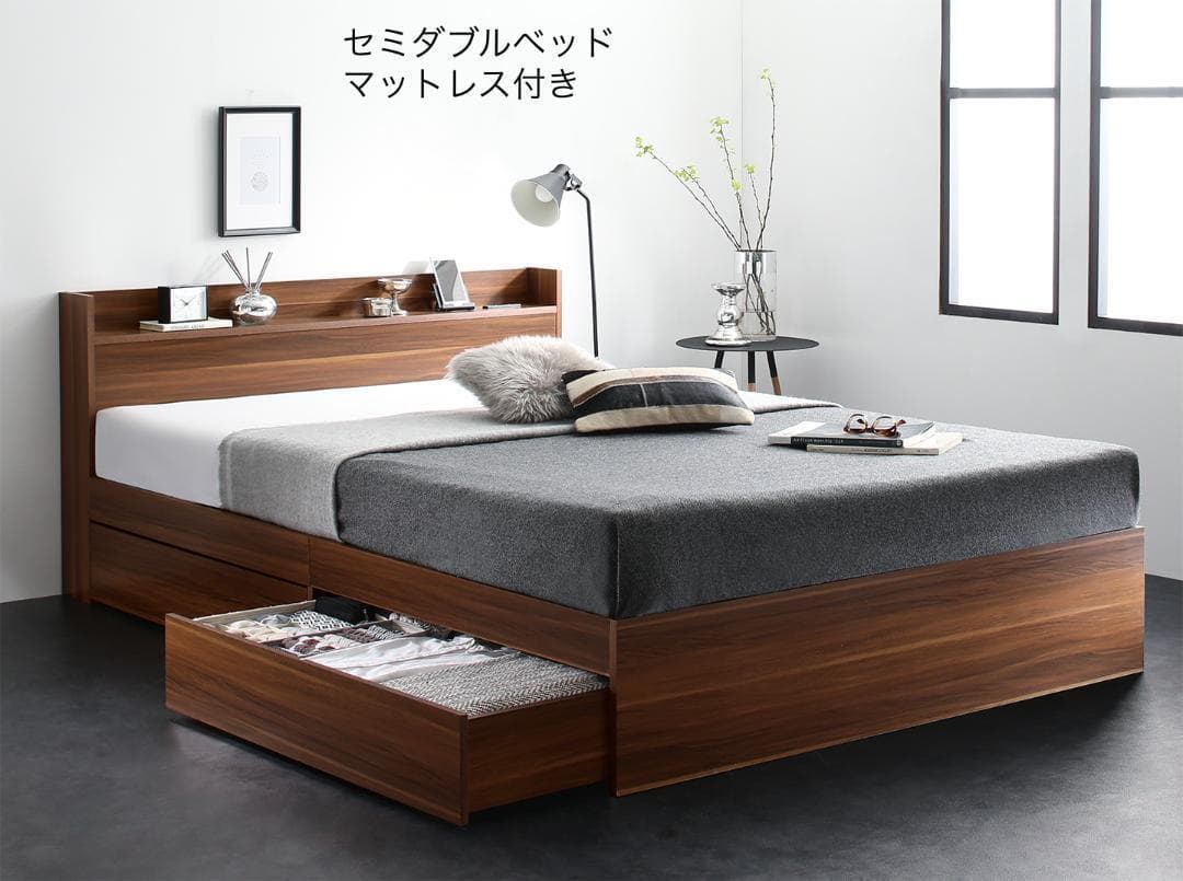 新品 送料込 セミダブルベッド 棚 コンセント 収納 マットレス付 保証付 AB