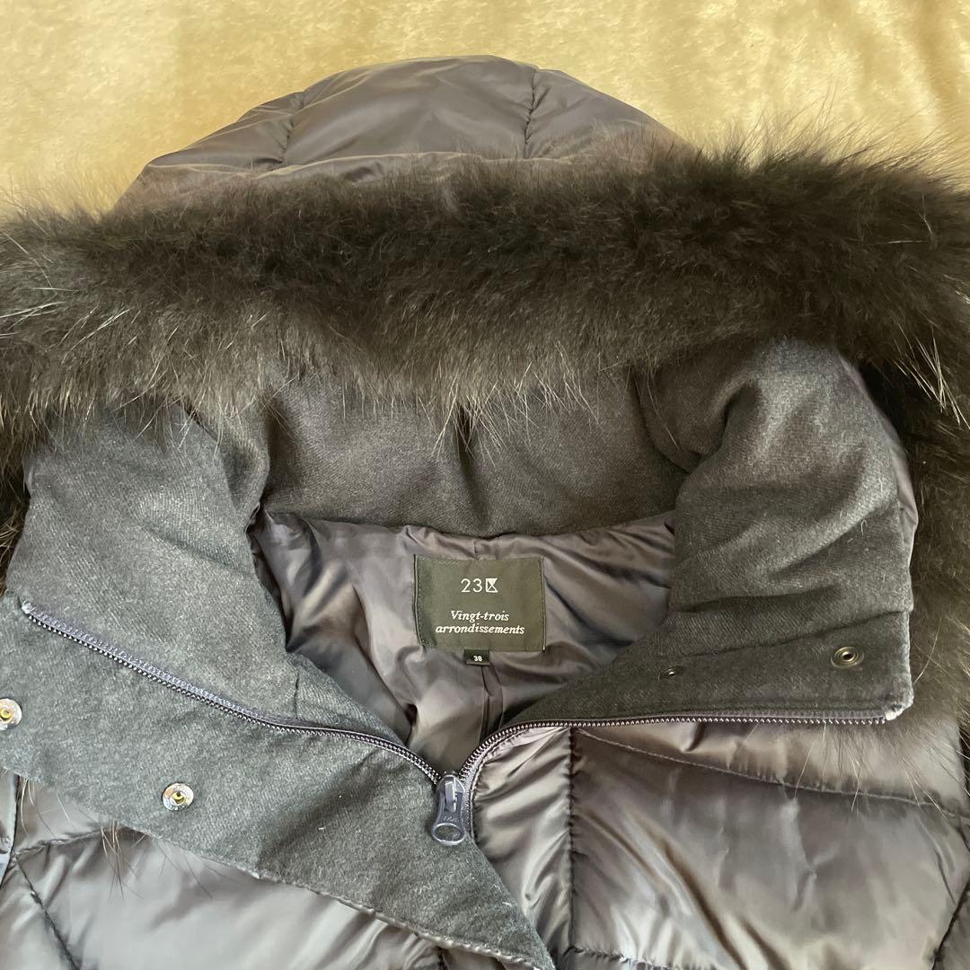 23区 フード付き　Aライン　ロングダウンジャケット ネイビー（濃紺）　38号