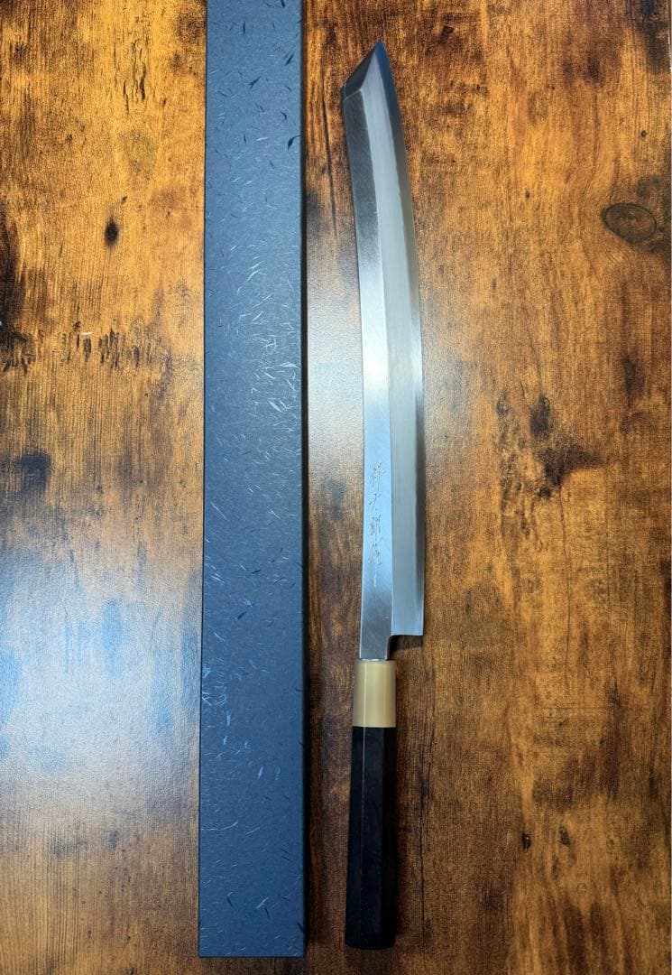 【堺打刃物】祥太郎作　刺身 切付 尺三寸　銀三鋼　鬼反り 包丁黒檀銀巻八角水牛柄