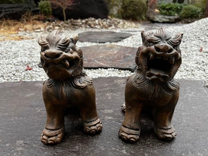 琉球古典焼 兼城賢一 希少古作 古琉球 阿吽一対 獅子 シーサー 古美術