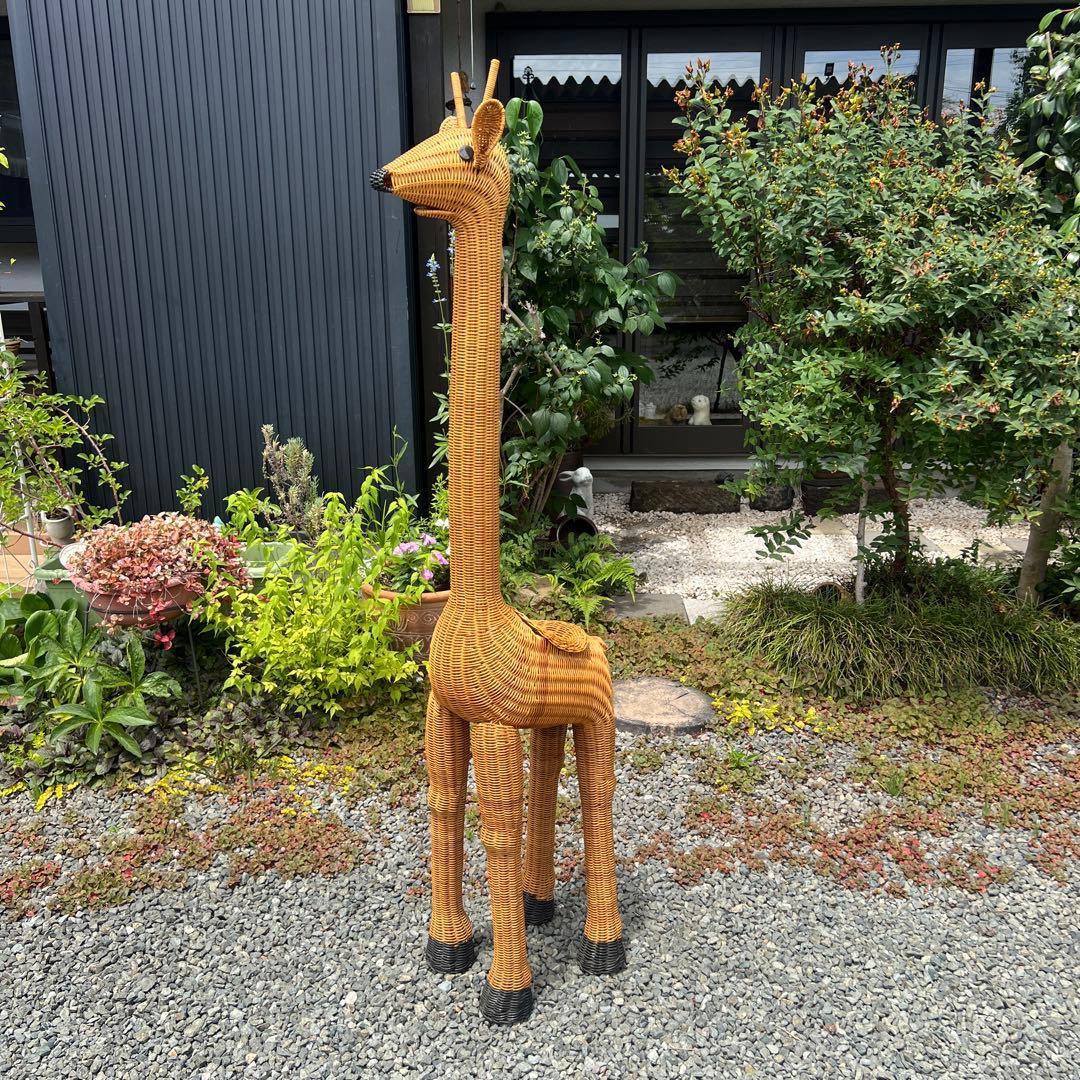 キリン ラタン家具 花台 鉢置き 籐家具 オブジェ アンティーク 希少 アニマル