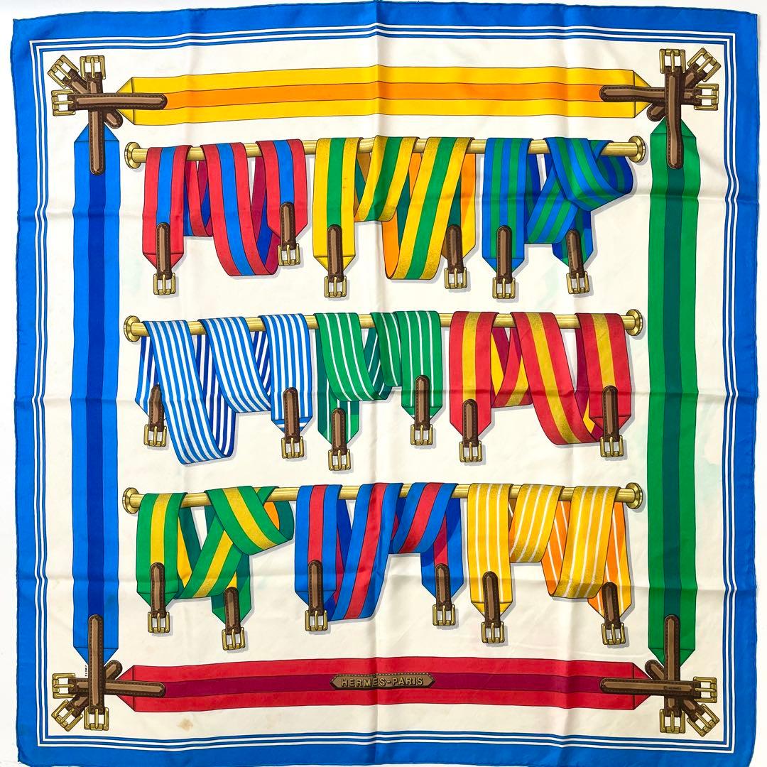 カルネ　エルメス　シルク　87cm スカーフ　ブルー　M