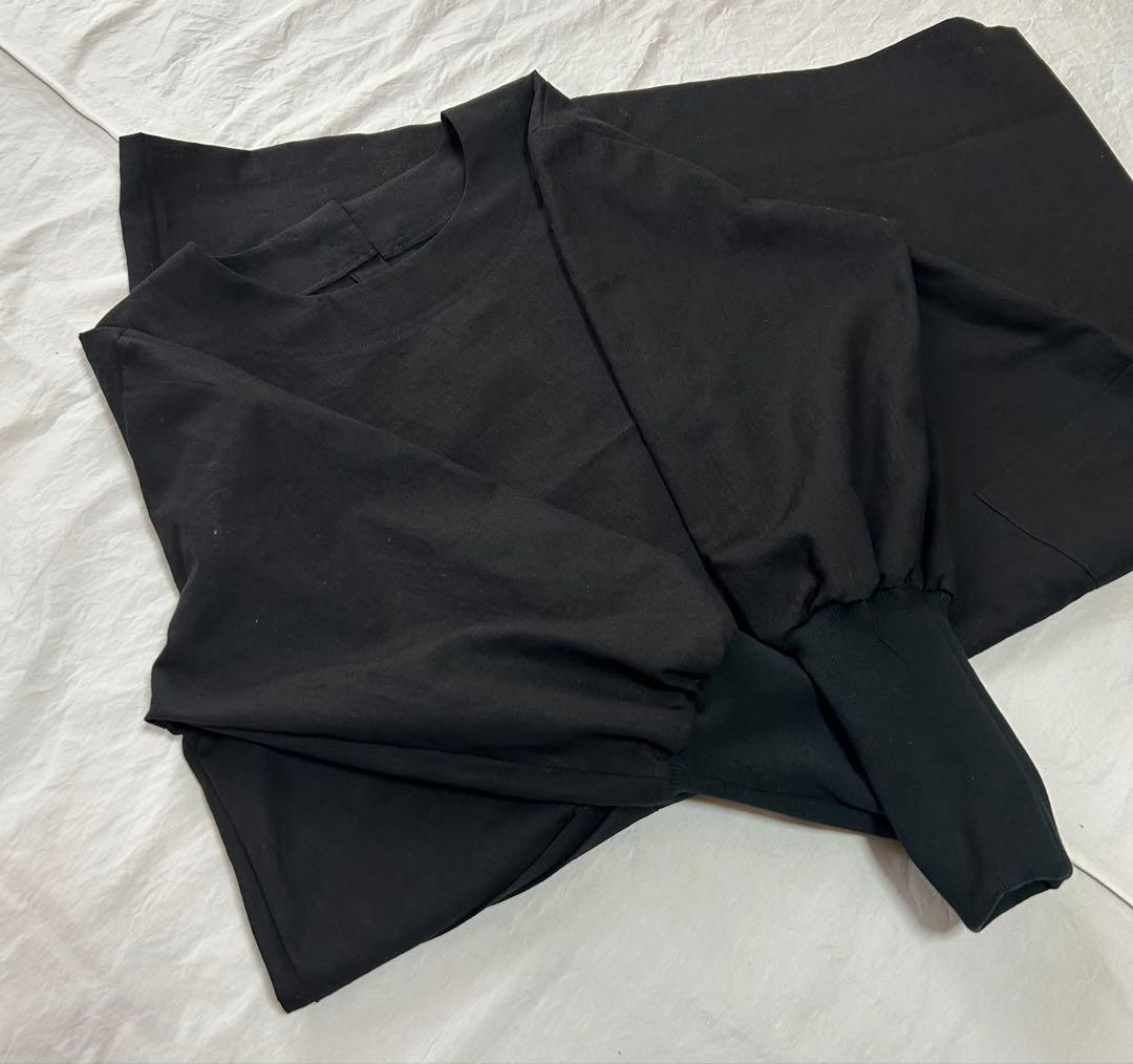 【あいさま専用ページ墨黒ブラック】しっとりめ肌感中厚＊リブ袖口かっぽう着ワンピ