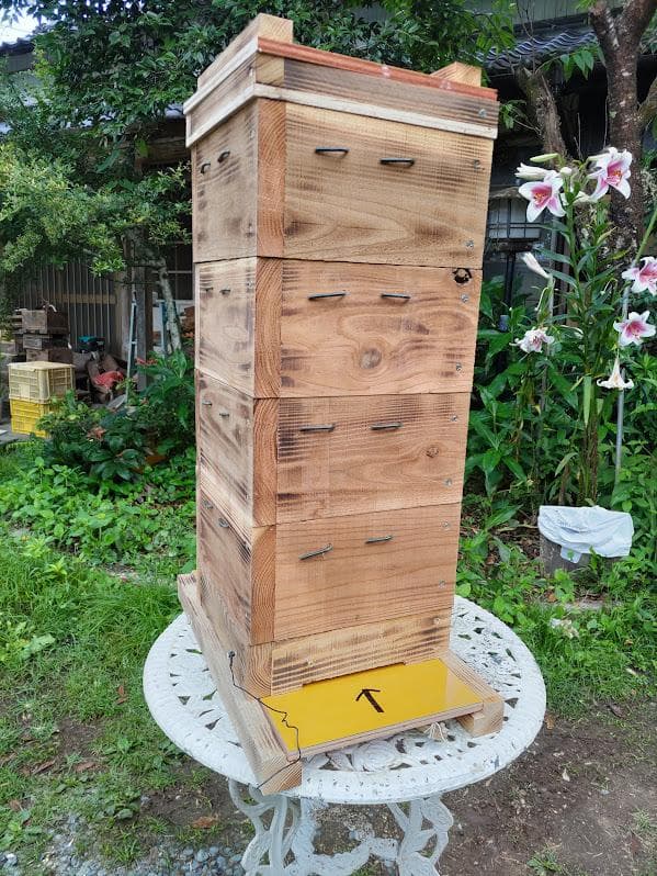 日本蜜蜂 重箱式巣箱4段 スライド底板 t付巣門台座　スノコ付き　セット割有