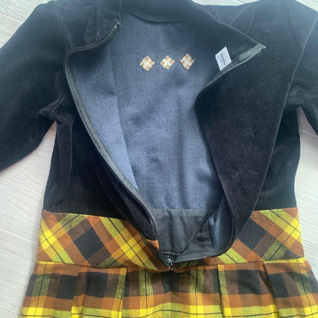 【familiar】 ブラウンベルベット＆チェック柄ワンピース 160cm 美品