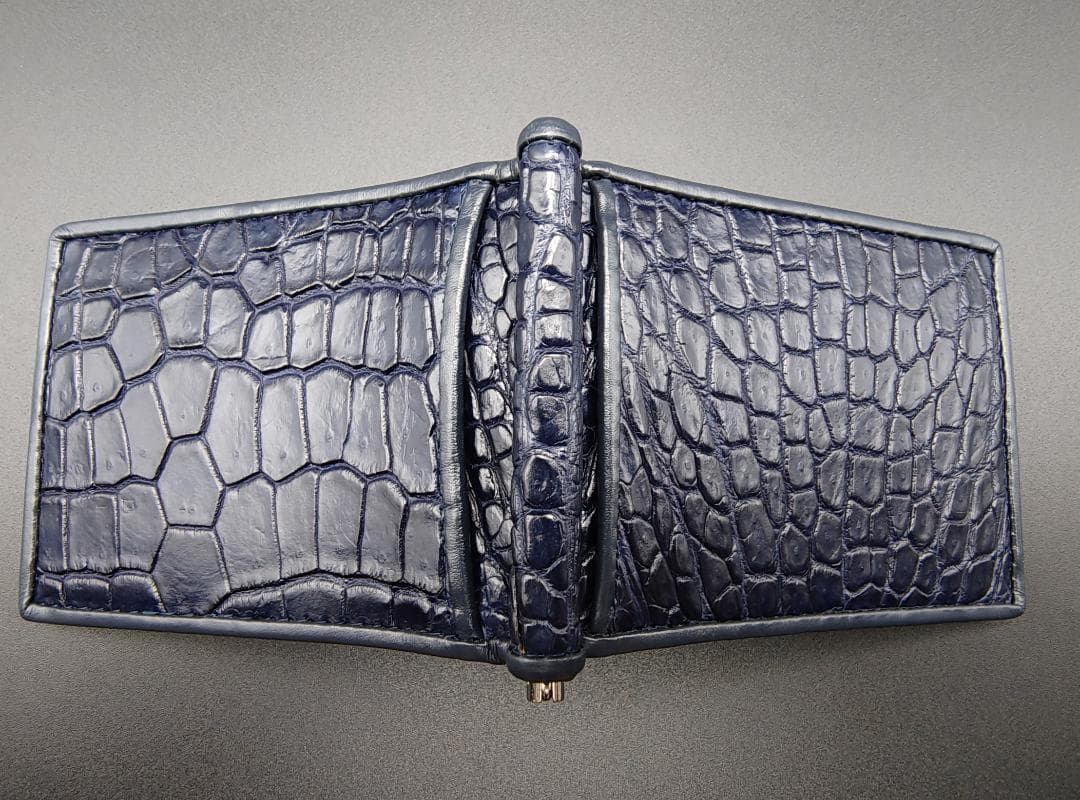 クロコダイル革 マネークリップ 二つ折り財布 本革 ネイビーブルー 薄型 新品