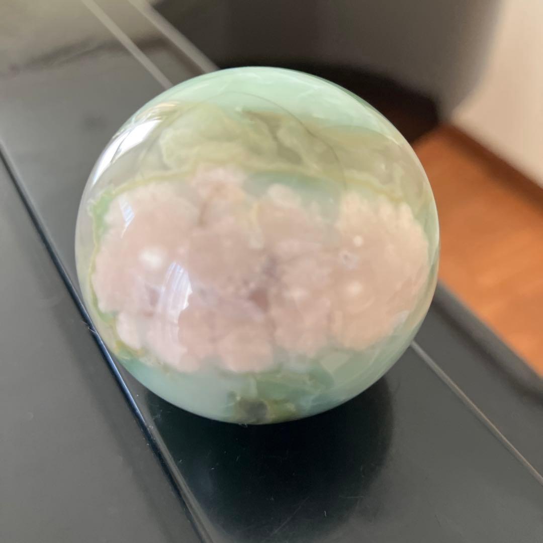 大！緑桜瑪瑙　スフィア　天然石置物　E86