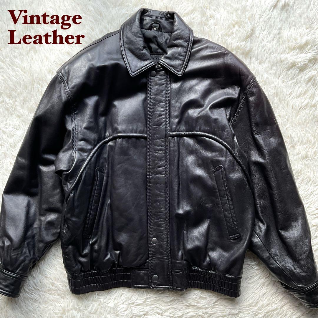 美品✨90's レザージャケット　本革　ジップアップ　M ブラック　ボンバー