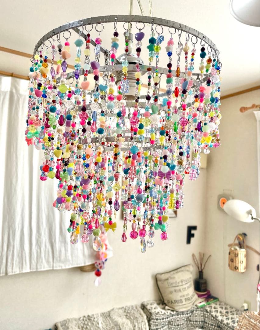 ビーズシャンデリア　1点もの　シャンデリア　オシャレ　ライト　照明　天井　大