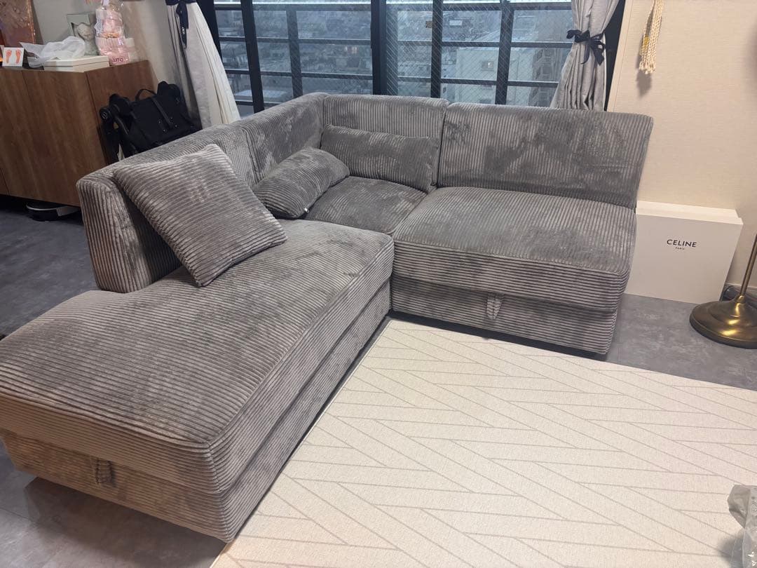 【高野真】グレー コーナーソファ 収納付き コーデュロイ