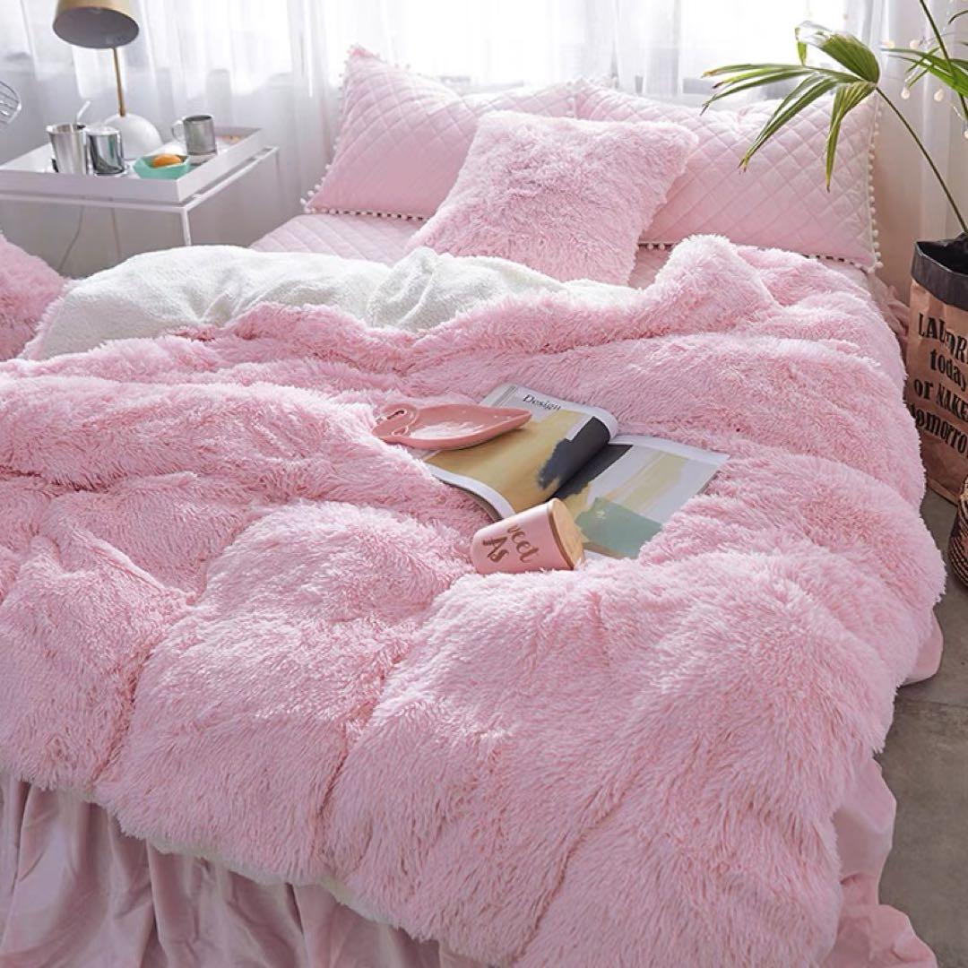 ピンク フリース キルティングカバーセット シングル